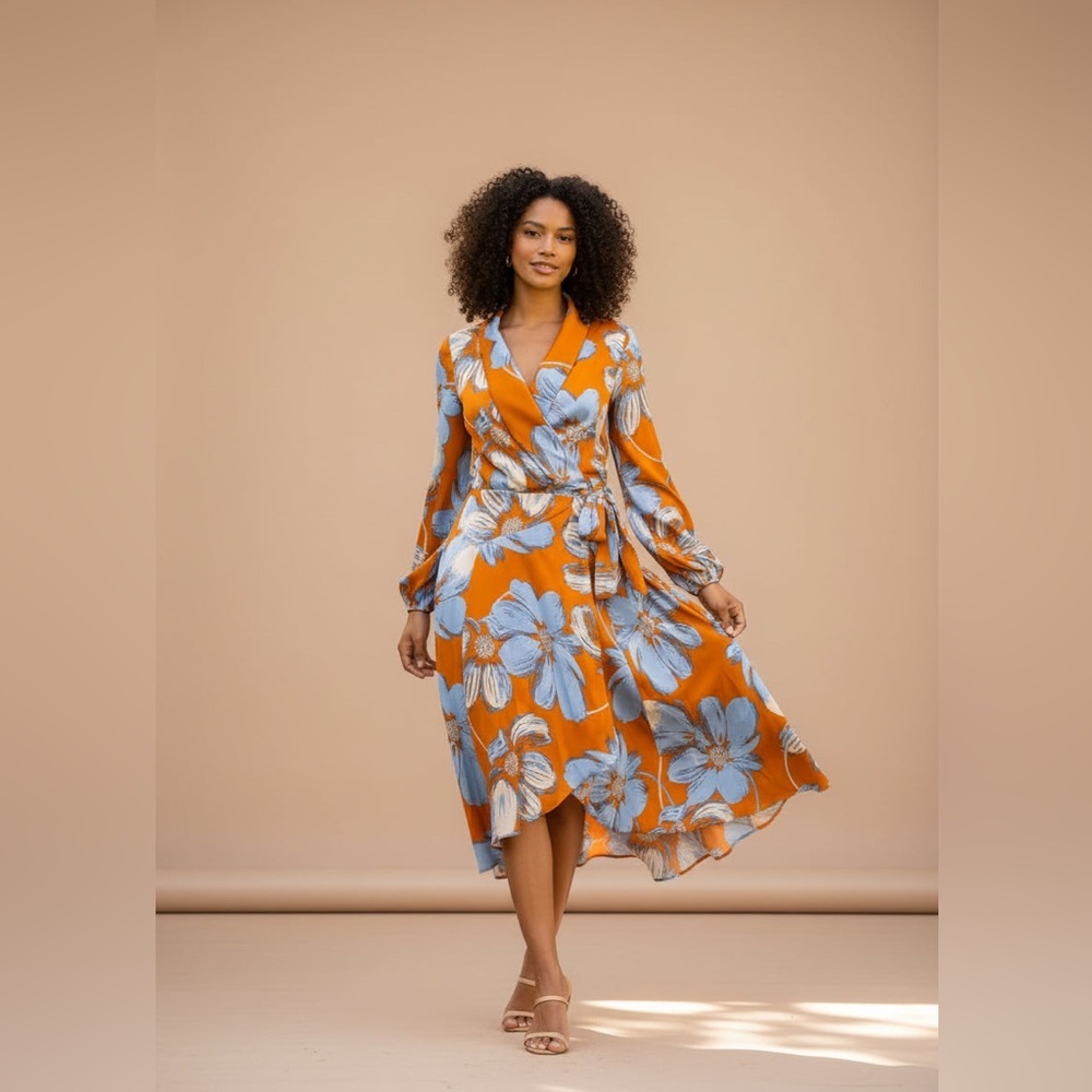 Elegant Floral Long Sleeve Dress in Orange and Blue